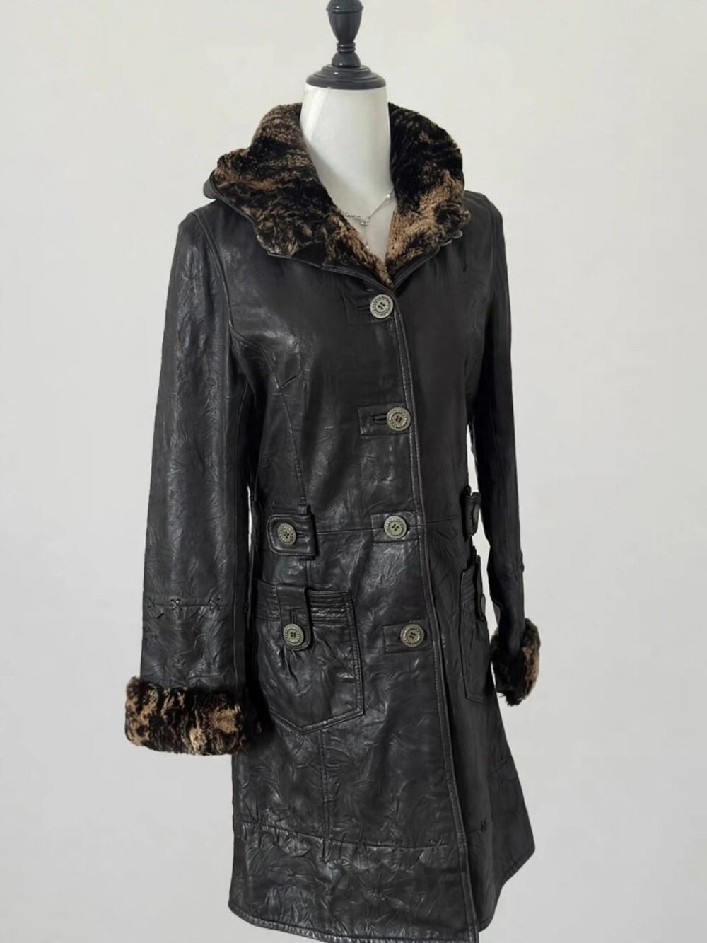 Vintage Black Sheepskin Hunting Trench with Fur Trim